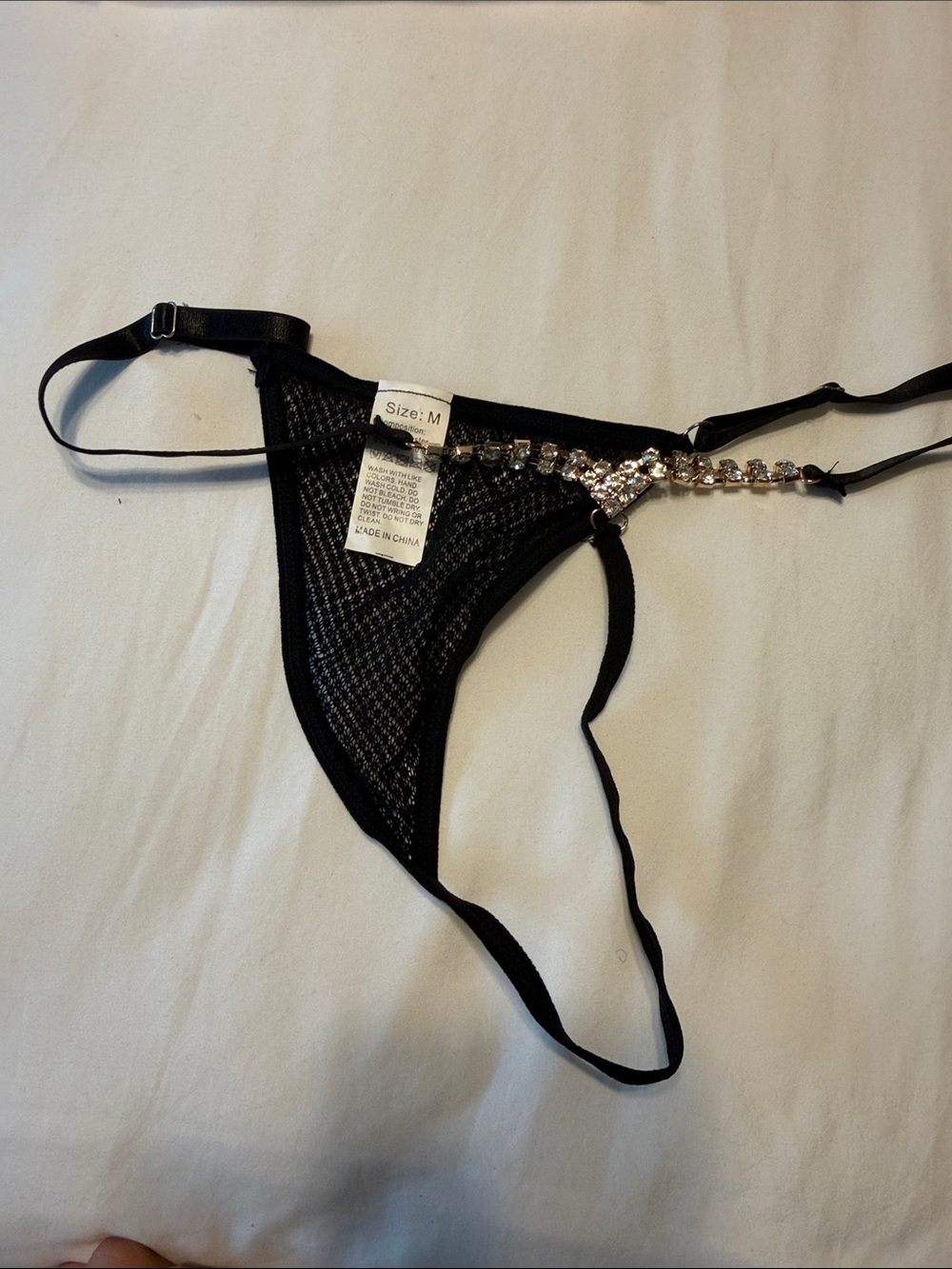 Black Rhinestone Embellished Women's Thong - Size M